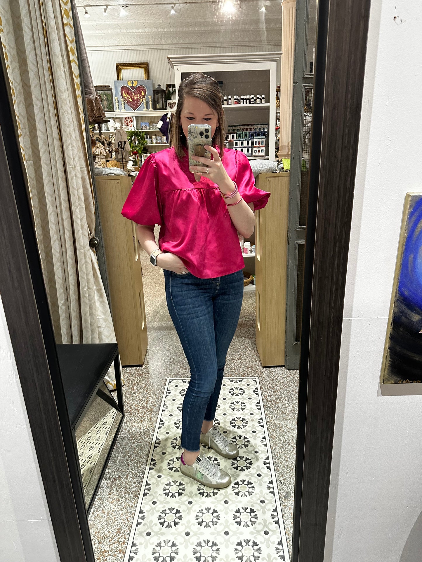Hot Pink Silk Shirt with Puff Sleeve