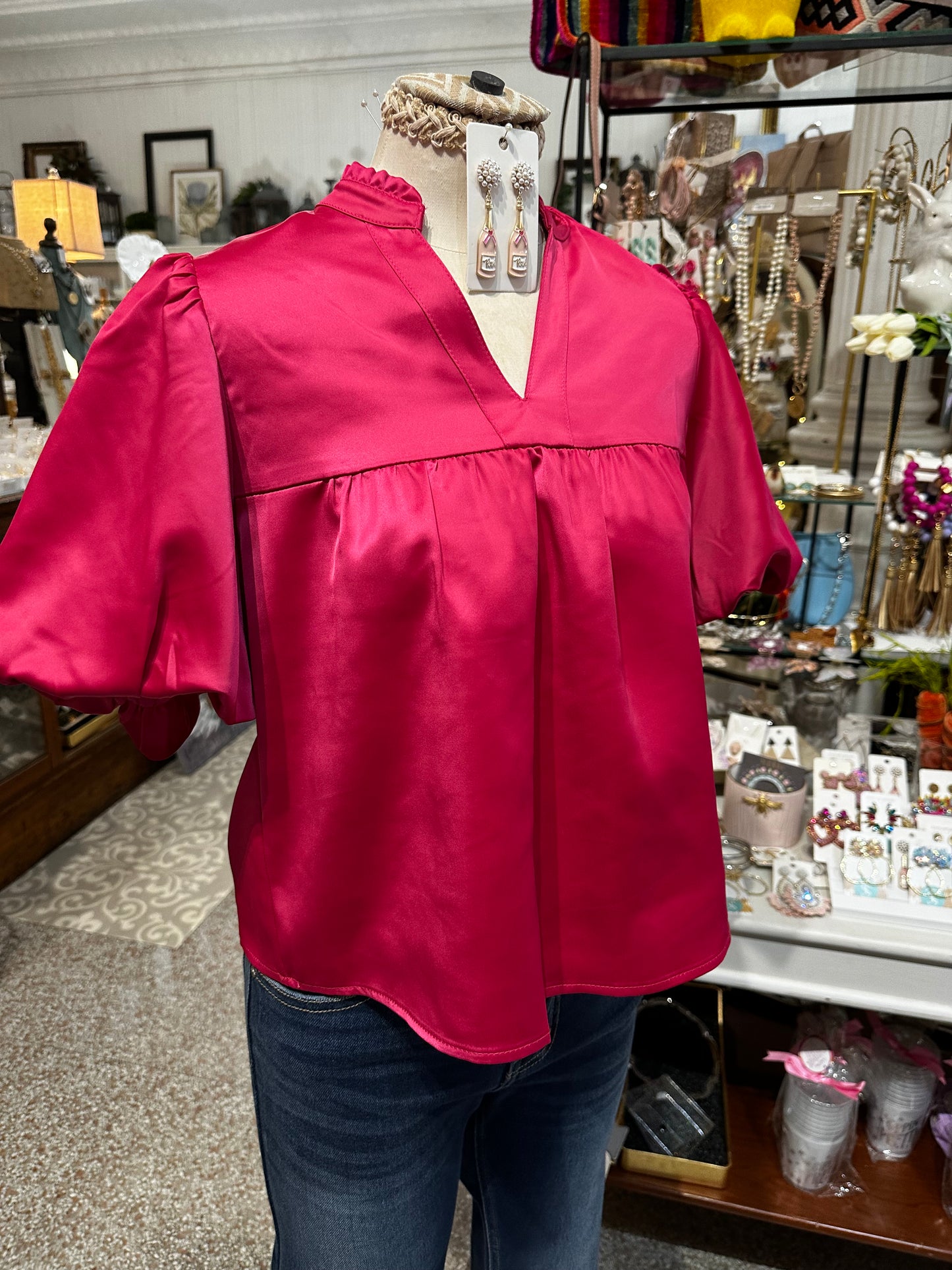 Hot Pink Silk Shirt with Puff Sleeve