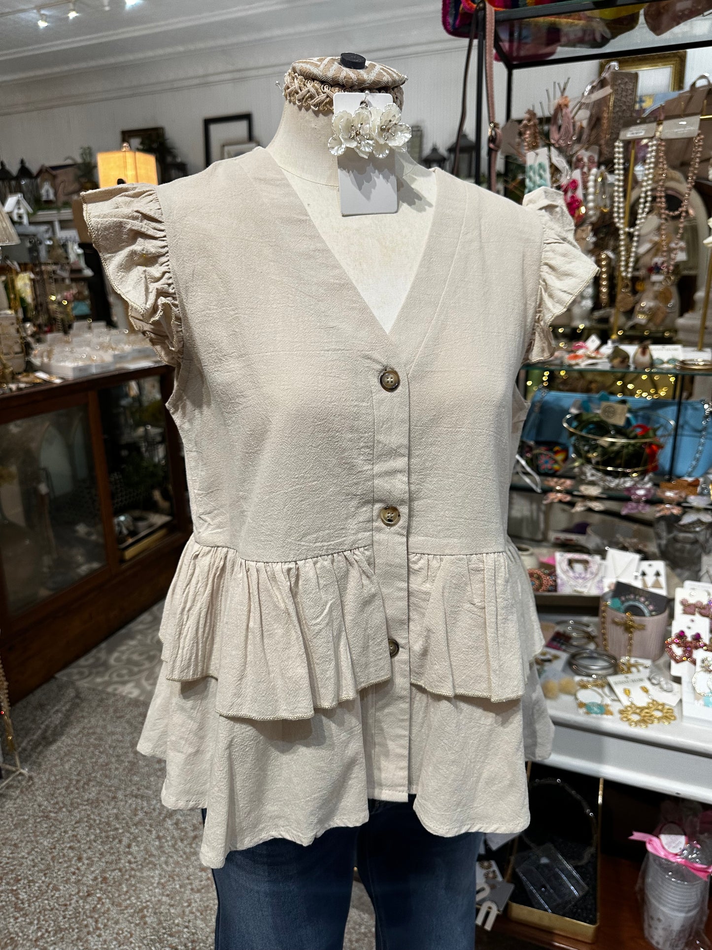 Beige Baby Doll Top with Buttons