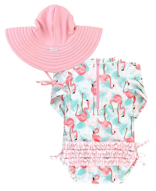 Ruffle Butts Vibrant Flamingo Long Sleeve One Piece Rash Guard